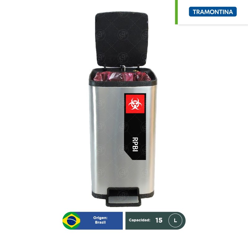 Combo bote de basura acero inoxidable con pedal Octos Tramontina RPBI 15 L + paquete con 100 bolsas RPBI