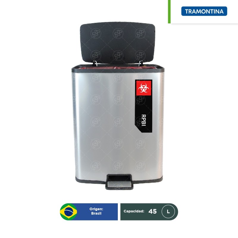 Combo bote de basura acero inoxidable con pedal Octos Tramontina RPBI 45 L + paquete con 100 bolsas RPBI