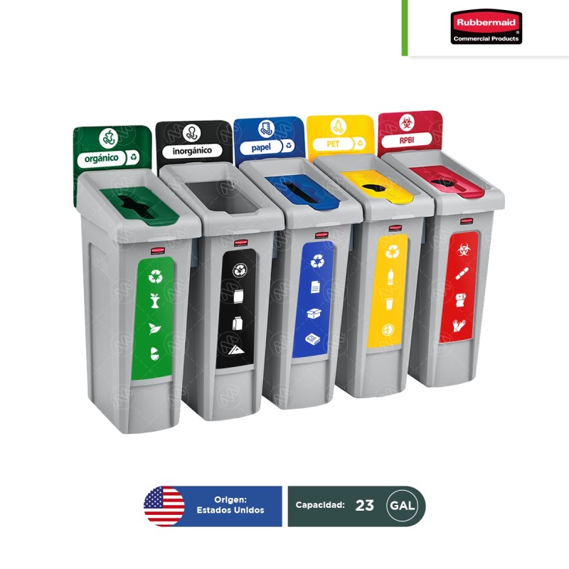 Estación de reciclaje 5 divisiones Slim Jim Rubbermaid 23 Gal